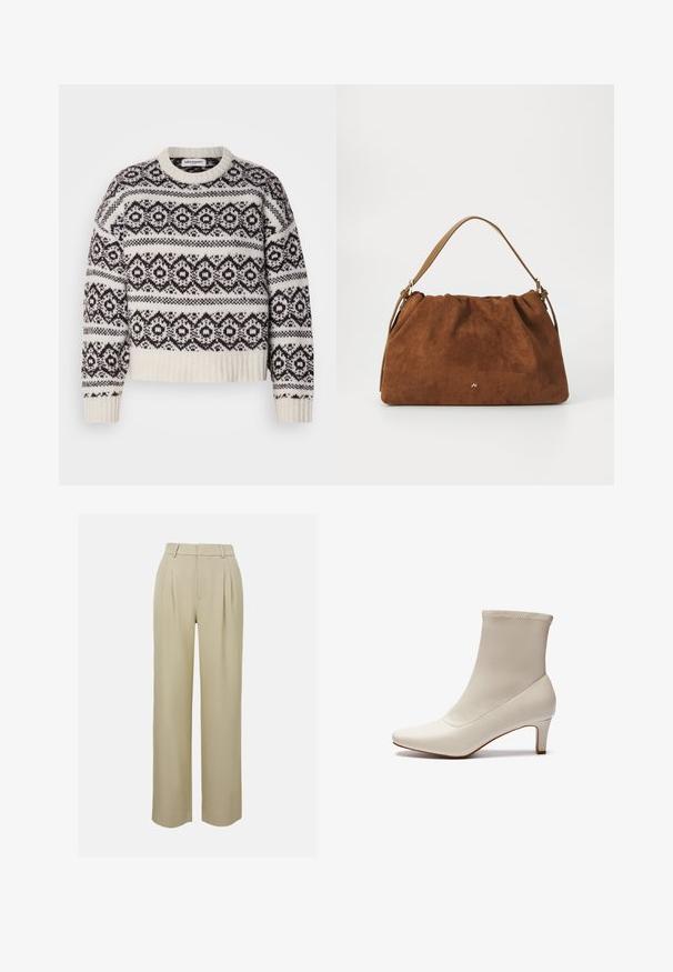 Gebreide trui in crème en donkerbruin. Voorzien van een geometrisch patroon, geribbelde halslijn en zoom, lange mouwen en een cropped snit.; Beige wijde broek van gladde stof, voorzien van voorplooien, een op maat gemaakte tailleband en zijzakken. Schoon afgewerkte zoom.; Witte enkelboot gemaakt van glad leer met een spitse neus en een korte, taps toelopende hak. Beschikt over een minimalistisch ontwerp en een naadloos bovenwerk.; Bruine suède handtas met een geplooid ontwerp, voorzien van een enkele tan kleur leren schouderband en een subtiele gouden logo-detail aan de voorkant.