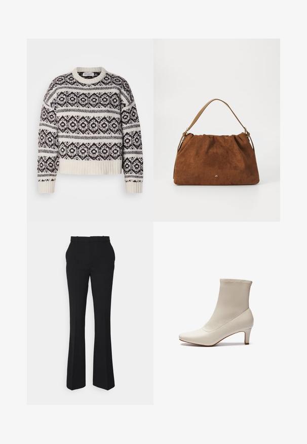 Pull en tricot crème et marron foncé. Il présente un motif géométrique, un col et un ourlet côtelés, des manches longues et une coupe courte.; Pantalons évasés noirs en tissu lisse, avec une taille mi-haute, des passants de ceinture et une silhouette épurée et ajustée.; Bottine blanche en cuir lisse avec un bout pointu et un talon court et effilé. Présente un design minimaliste et un empeigne sans coutures.; Sac à main en daim marron avec un design plissé, arborant une seule sangle en cuir beige et un discret logo doré à l'avant.
