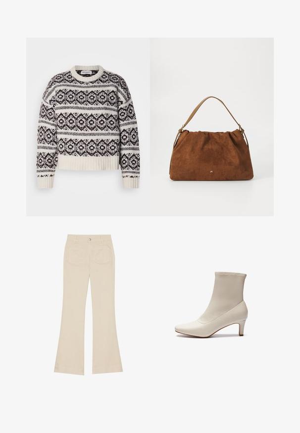 Knitted sweater in cream and dark brown. Features a geometric pattern, ribbed neckline and hem, long sleeves, and a cropped cut.; Beige flared pants with a high waist, made of cotton fabric. Features front and back pockets, belt loops, and a single silver button.; White ankle boot made of smooth leather with a pointed toe and a short, tapered heel. Features a minimalist design and seamless upper.; Brown suede handbag with a gathered design, featuring a single tan leather strap and a subtle gold logo detail on the front.