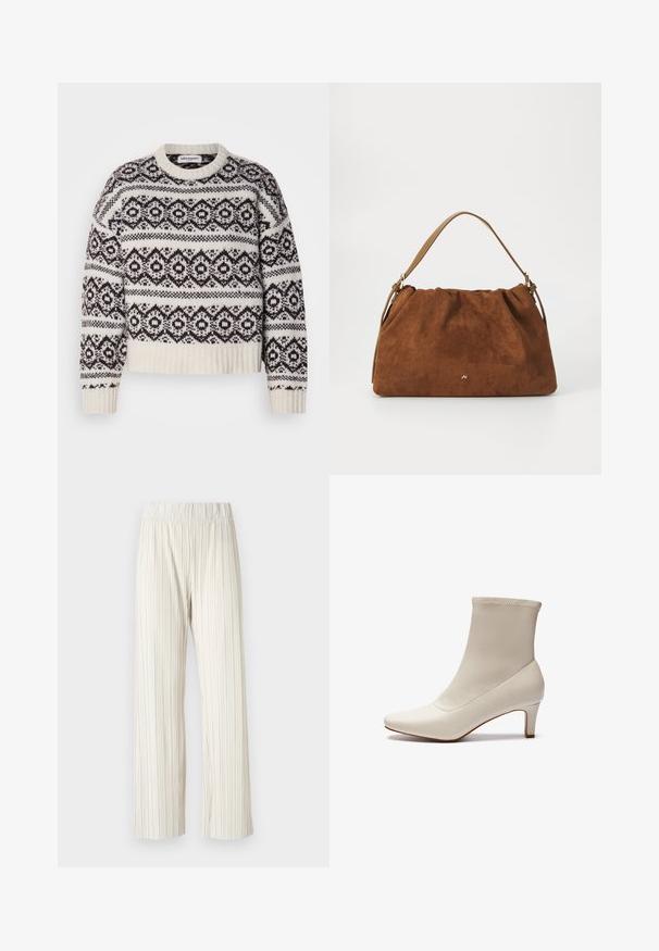 Krém és sötétbarna kötött pulóver. Geometrikus mintával, bordás nyakkivágással és szegéllyel, hosszú ujjaival és rövidített fazonnal rendelkezik.; Plissé széles nadrág világos bézs színben, rugalmas derekú kivitelben. Könnyű anyagból készült, amelyen függőleges textúra található.; Fehér bokacsizma sima bőrből, hegyes orral és rövid, keskeny sarokkal. Minimalista dizájnnal és varrat nélküli felsőrésszel rendelkezik.; Barna velúr kézitáska, gyűjtött kialakítással, egyetlen világosbarna bőrszíjjal és egy diszkrét arany logós részlettel az elején.