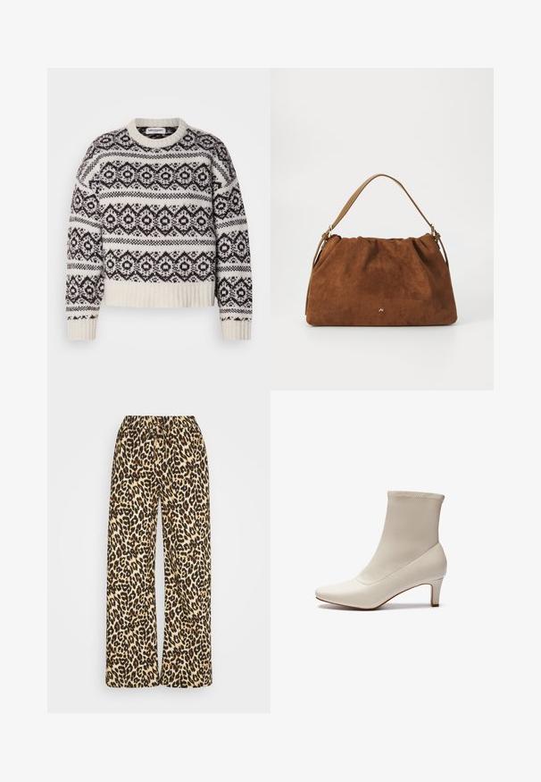 Pleteni pulover u krem i tamnosmeđoj boji. Ima geometrijski uzorak, rebrasti ovratnik i rub, duge rukave i skraćeni kroj.; Hlače širokih nogavica sa leopard uzorkom, elastičnim pojasom i vezicom. Imaju bež pozadinu sa smešnim smešnim smeškim i crnim mrljama.; Bijela gležnjača izrađena od glatke kože s šiljastim vrhom i kratkim, suženim potplatom. Pruža minimalistički dizajn i bešavnu gornjište.; Smeđa nubuk torba s nabranim dizajnom, s jednim tamnim kožnim remenom i suptilnim zlatnim logotipom na prednjoj strani.