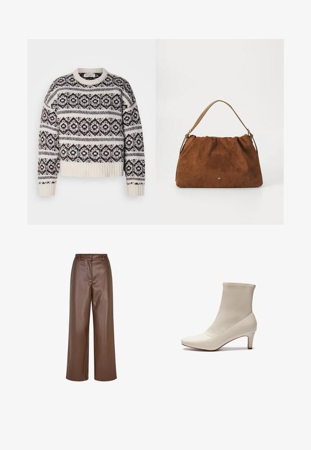 Pull en tricot crème et marron foncé. Il présente un motif géométrique, un col et un ourlet côtelés, des manches longues et une coupe courte.; Pantalons larges en simili cuir marron avec une texture lisse, des passants de ceinture et un pli avant au niveau de la taille.; Bottine blanche en cuir lisse avec un bout pointu et un talon court et effilé. Présente un design minimaliste et un empeigne sans coutures.; Sac à main en daim marron avec un design plissé, arborant une seule sangle en cuir beige et un discret logo doré à l'avant.