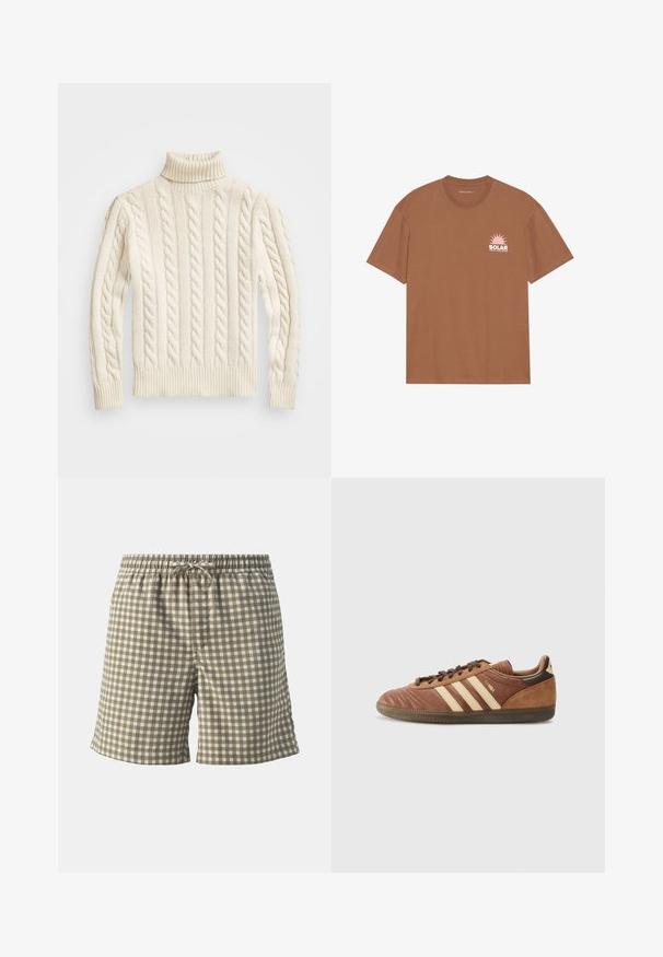 Pulover cu guler înalt, tricotat cu model de zig-zag, de culoare crem, cu textură ridicată. Dispune de mâneci lungi și un guler strâmt, pentru confort și căldură.; Tricou scurt din bumbac, de culoare maro, cu un grafic al unui soare roz și textul "SOLAR" pe partea stângă a pieptului. Design cu guler rotund.; Jack & Jones JPSTJAIDEN JJJACQUARD - Pantaloni scurți - cloud dancer; adidas Originals SAMBA UNISEX - Sneakers low - preloved brown/sand strata/dark brown