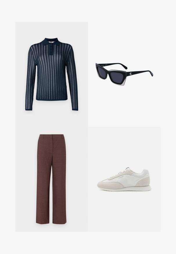 Polo de manga larga en color navy con un diseño texturizado de canalé, que presenta un cuello sólido, una botonera de tres botones y rayas en contraste.; Pantalones de pierna ancha marrones hechos de una tela texturizada con un acabado suave, que cuentan con un frente plano, pasadores para cinturón y bolsillos laterales.; Zapatillas de color claro que presentan una combinación de cuero blanco y ante beige, con una suela texturizada y un branding mínimo en el lateral.; Gafas de sol negras de gran tamaño con una forma geométrica, que presentan lentes oscuros y un detalle gris contrastante en la montura. Logo en la pata.