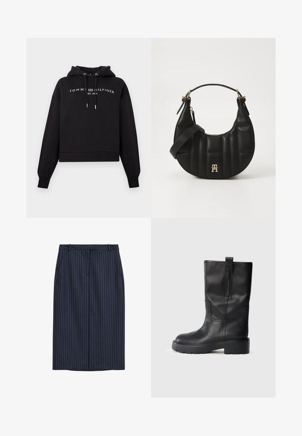 Schwarzer, cropped Hoodie mit einer Kordelzugkapuze, der auf der Vorderseite den weißen Schriftzug "TOMMY HILFIGER EST. 1985" und gerippte Bündchen sowie einen gerippten Saum hat.; Marineblaue Nadelstreifen-Bleistiftrock mit geradem Schnitt, Fronttaschen, einem Bund und einer glatten Textur. Keine sichtbaren Verschlüsse oder Schließungen.; Schwarze Lederstiefel bis zum Knie mit schlankem Design, ausgestattet mit einer dicken Sohle und einem seitlichen Zugschlauf für ein einfaches Anziehen. Auffällige Nähte.; Schwarze Lederhandtasche mit geschwungener Form, gequilteter Textur und goldenen Beschlägen. Sie verfügt über einen abnehmbaren Schultergurt und ein Logodetail.