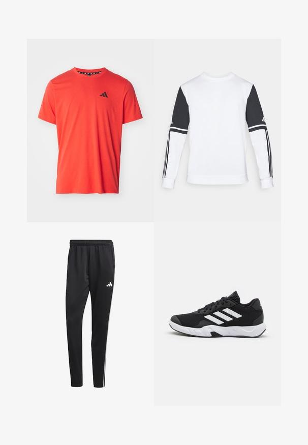 Vit sweatshirt med svarta ärmar, med tre svarta ränder på varje arm och rundad halsringning. Tillverkad av mjuk, texturerad tyg.; adidas Performance TR-ES FR T - T-shirt till träning - bright red/black; Svarta träningsbyxor med elastisk midja, vita sidostreck och en liten vit logotyp på låret. Tillverkade av ett slätt, lätt material.; Svarta sportskor med ett texturerat nätövre, vita accentlinjer, en dämpad sula och en förstärkt häl för stöd.