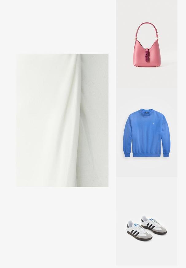 Blaues Sweatshirt aus weichem Baumwollmix, mit Rundhalsausschnitt, langen Ärmeln, gerippten Bündchen und einem kleinen, auf der Brust gestickten Logo.; Weißer Stoff mit einer strukturierten Oberfläche, die sanfte Falten und Drapierungen zeigt. Das Material wirkt leicht und glatt.; Sportschuhe mit einem Obermaterial aus weißem Leder, grauer Wildleder-Zehenkappe und drei schwarzen Streifen. Sie verfügen über ein blaues Logo auf der Zunge und eine strukturierte Gummisohle.; Rosa Lederhandtasche mit strukturiertem Design, ausgestattet mit einem glänzenden Verschluss und einem einstellbaren Gurt. Texturierte Oberfläche mit goldfarbenen Beschlägen.