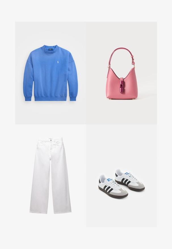 Blue sweatshirt made of soft cotton blend, featuring a crew neck, long sleeves, ribbed cuffs, and a small logo embroidered on the chest.; White wide-leg jeans made from denim. Features button closure, front and back pockets, and stitched seams. Smooth texture with minimal detailing.; Sport shoes with a white leather upper, gray suede toe, and three black stripes. Features a blue logo on the tongue and a textured rubber sole.; Pink leather handbag with a structured shape, featuring a glossy accent closure and a single adjustable strap. Textured finish with gold hardware.
