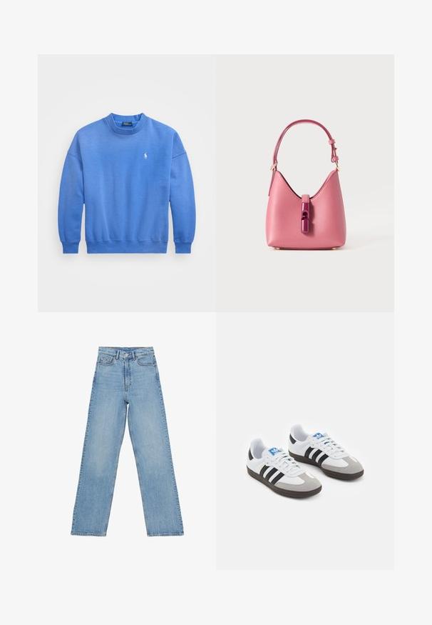 Felpa blu realizzata in morbido misto cotone, con collo rotondo, maniche lunghe, polsini a coste e un piccolo logo ricamato sul petto.; Jeans in denim azzurro chiaro con vita alta, design a gamba dritta, dotati di cinque tasche e chiusura con bottone. Nessun motivo visibile.; Scarpe sportive con tomaia in pelle bianca, punta in suede grigia e tre strisce nere. Presentano un logo blu sulla linguetta e una suola in gomma testurizzata.; Borsa in pelle rosa con una forma strutturata, caratterizzata da una chiusura lucida e una sola tracolla regolabile. Finitura texturizzata con hardware dorato.