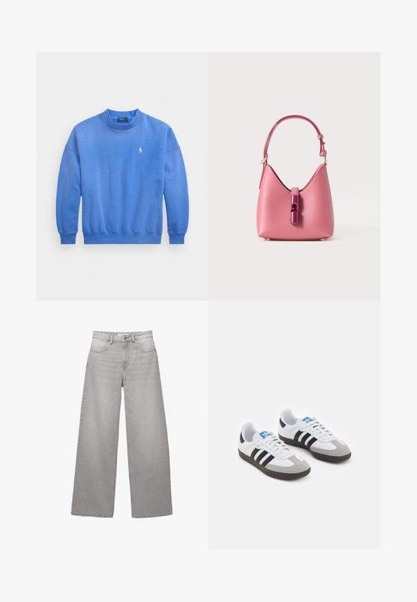 Puha pamut keverékből készült kék pulóver, környakú, hosszú ujjú, bordázott mandzsettákkal, és egy kis hímzett logóval a mellkason.; Széles szárú, szürke farmernadrág magas derékkal, öt zsebbel, cipzáras résszel és látható varrással. Puha tapintású, megfakult felület.; Fehér bőr felsőrészes sportcipő, szürke velúrból készült orral és három fekete csíkkal. Jellemzője a kék logó a nyelvén és egy texturált gumitalp.; Rózsaszín bőrtáska strukturált formával, fényes csattal és egy állítható pánttal. Textúrált felület aranyszínű fémrészekkel.