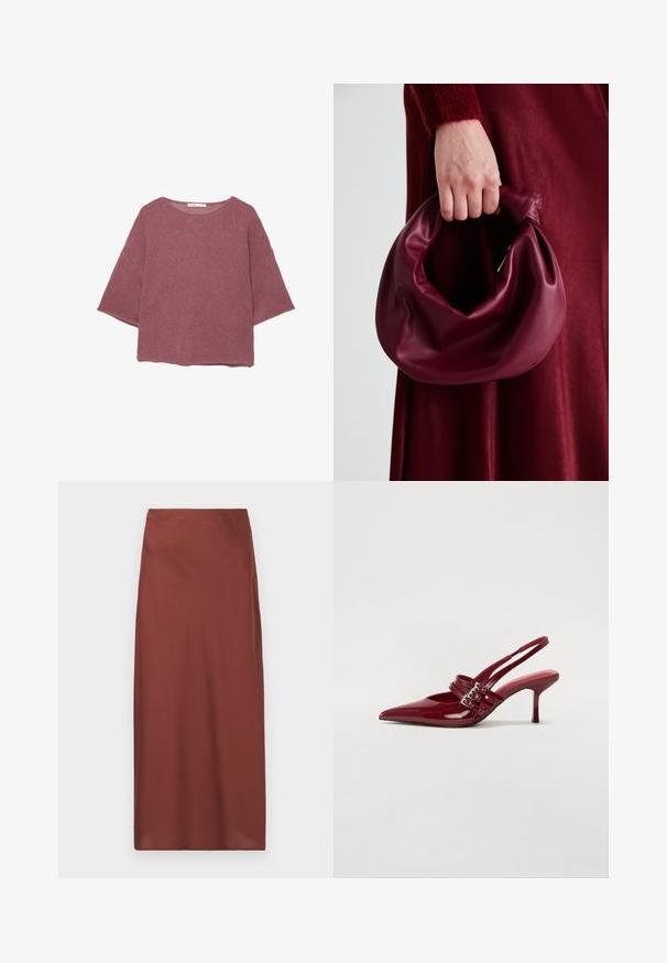 Pletený pulovr v jemné růžové barvě, s kulatým výstřihem a širokými, krátkými rukávy s volným střihem. Texturovaná tkanina s jemným vzorem.; Burgundská sukně ke kolenům vyrobená z hladkého materiálu s rovně střiženým střihem a jemným leskem. Má vysoký pas a žádné viditelné zapínání.; Červené lakované kožené lodičky na podpatku s špičatou špičkou, dvěma přezkami a štíhlým, středně vysokým jehlovým podpatkem. Hladký povrch.; Burgundská kožená kabelka s měkkým, nabíraným designem a zaobleným tvarem. Ucho je zajištěné a vykazuje hladkou texturu.