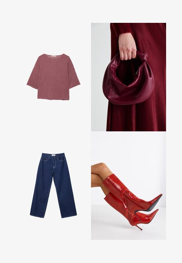 Pletena pulover v barvi prahovno rožnate, z okroglim izrezom in širokimi, kratkimi rokavi ter sproščenim krojem. Teksturirana tkanina z rahlim vzorcem.; Široke temno modre kavbojke z gumbom, petimi žepi in kontrastnim belim šivanjem. Tkanina ima gladko, rahlo teksturirano površino.; Rdeče, visoko sijajne škornje do stegen s koničastim nosom in stiletto peto. Imajo stranski zadrgo in gladek, eleganten videz.; Bordo usnjeni ročni torbici s mehak, nabrana zasnova in okrogla oblika. Ročaj je varen in prikazuje gladko teksturo.