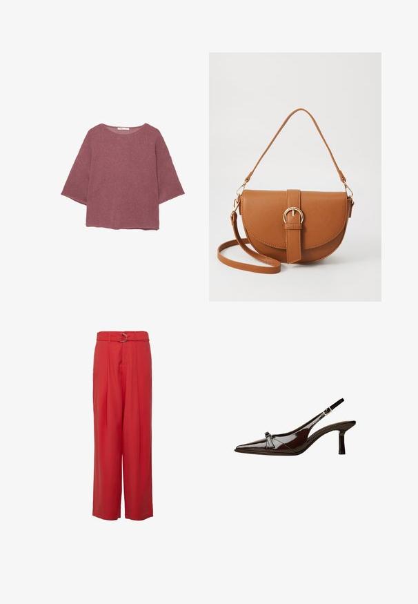 Pleteni pulover u prašnjavoj ružičastoj boji, s okruglim izrezom i širokim, kratkim rukavima s opuštenim krojem. Teksturirana tkanina s suptilnim uzorkom.; Crvene široke hlače od laganog materijala, sa visokim strukom i remenom te srebrnim detaljima, uz prednje nabore.; Smeđe lakirane slingback cipele s upPointom, niskom petom i dekorativnom mašnom sprijeda. Glatka, sjajna tekstura.; Smeđa kožna torba preko tijela s zakrivljenim oblikom, zlatnim metalnim detaljima i naglaskom na kopču. Ima odvojivu naramenicu.