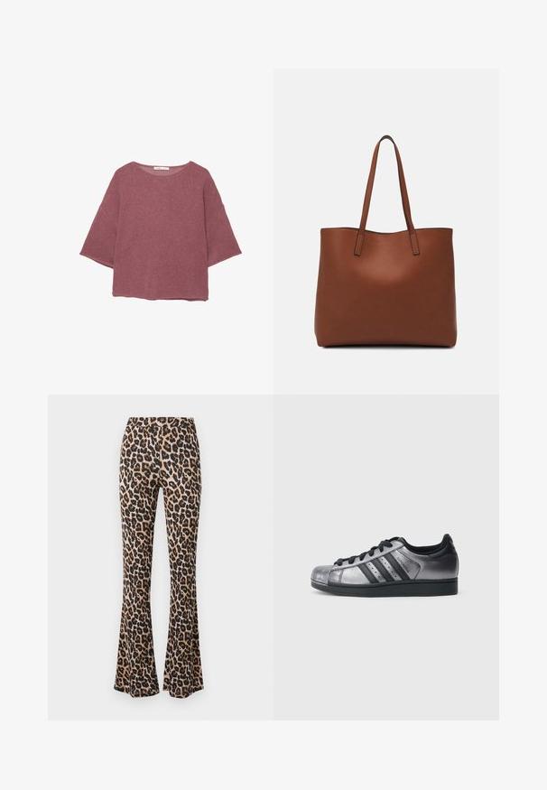 Knitted pullover in dusty rose, featuring a round neckline and wide, short sleeves with a relaxed fit. Textured fabric with a subtle pattern.; Leopard print flared pants in tan and black, made of soft fabric with a smooth texture, featuring a fitted waist and flared hem.; Black and metallic silver sneakers with a rounded toe, three black stripes, and a textured upper. Black laces and rubber sole.; Brown leather tote bag with a smooth texture, open top design, and two shoulder straps. Features minimal stitching and no visible hardware.