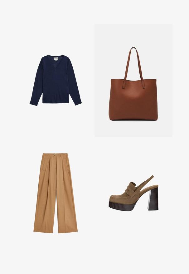 Marineblå langærmet V-hals sweater, lavet af blødt stof med afslappet pasform og ribbet kant. Ingen synlige mønstre eller hardware detaljer.; Bredde bukser i en lys tan-farve, lavet af glat stof, med to forlommer og en central knaplukning.; Brune ruskind platformhæle med en tyk, ribbet blokhæle og en bred strop over forfoden, der har et rundt tærsdesign.; Brun læder tote taske med en glat overflade, åben topdesign og to skulderremme. Har minimal syning og ingen synlig hardware.