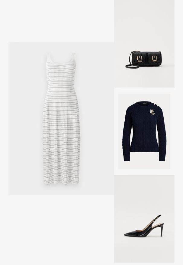 Pulover din lână bleumarin, tricotat cu model, cu tiv și manșete cu nervuri, având accente cu nasturi aurii pe umăr și broderie aurie a logo-ului pe piept.; Rochie albă maxi cu un top ajustat și fustă evazată. Are dungi orizontale albastre și o textură ribbing, cu bretele subțiri.; Pantofi slingback din piele patent neagră, cu vârful ascuțit, tocul subțire și un design discret cu decupaj. Se evidențiază printr-un cataramă aurie pe curea.; Geantă neagră din piele, tip crossbody, cu două buzunare frontale, catarame aurii, închidere cu fermoar și o curea subțire. Suprafață texturată și formă rectangulară compactă.
