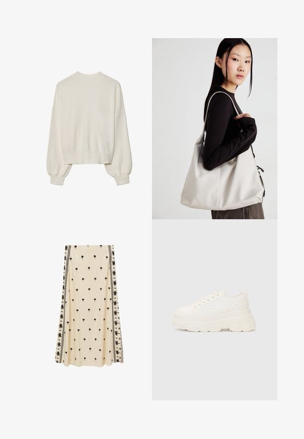 Pull en maille blanche avec col montant, texture côtelée et manches bouffantes. Longueur courte avec poignets ajustés. Design simple et uni.; Jupe de couleur crème avec un imprimé de petits palmiers noirs, présentant des motifs de bordure noirs détaillés sur les côtés, fabriquée en tissu léger.; Baskets blanches en toile avec une semelle épaisse, bout arrondi et cinq œillets pour les lacets. Onglet arrière pour un enfilage facile. Texture lisse, design minimaliste.; Sac à main beige en matériau souple, avec un design décontracté, des détails cousus et deux poignées. Idéal pour un usage quotidien.