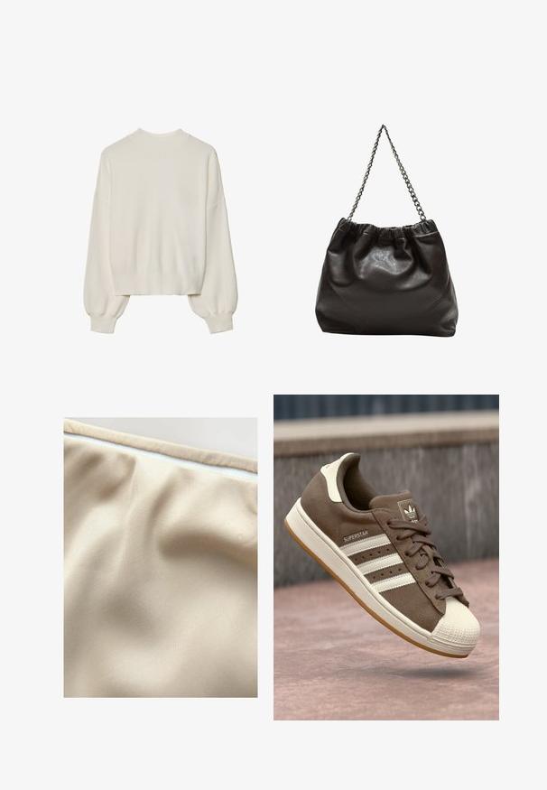 Maglione bianco lavorato a maglia con collo alto, texture a coste e maniche a palloncino. Lunghezza corta con polsini aderenti. Design semplice e di colore uniforme.; Tessuto beige con una superficie liscia, caratterizzato da pieghe sottili e una zip bianca in contrasto lungo il bordo superiore.; Sneaker in suede marrone con strisce bianche, accenti crema e punta in gomma. Presenta un design con lacci e una suola in gomma testurizzata.; Borsa in pelle marrone con parte superiore arricciata e tracolla a catena. Texture liscia con finitura lucida e dettagli di cucitura sottili sui lati.