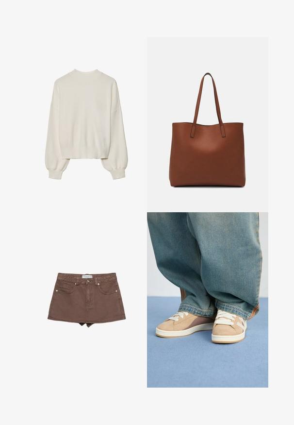 Hvid strikket sweater med høj hals, ribbet tekstur og ballonsleeves. Korte ærmer med tætsiddende manchetter. Simpelt design i ensfarvet.; Brun denim mini-skovl med tætsiddende talje, fem-lomme design, frontknaplukning og en kantlinje lige over midten af låret.; Beige sneakers lavet af ruskind og stofmaterialer, med hvide snørebånd, lysebrune accenter og en tekstureret sål. Båret med løse blå denim-bukser.; Brun læder tote taske med en glat overflade, åben topdesign og to skulderremme. Har minimal syning og ingen synlig hardware.