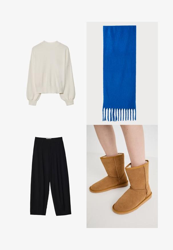 Valkoinen neulottu villapaita, jossa on korkea kaulus, ribbikuvio ja puffihihat. Lyhyt malli, jossa tiukasti istuvat hihansuut. Yksinkertainen, yksivärinen muotoilu.; Mustat leveälahkeiset housut, jotka on valmistettu kevyestä kankaasta, ja joissa on etuplikat, klassinen vyötärönauha sekä sivutaskut. Sileä rakenne.; Beige mokkasiinit nilkkasaappaat pehmeällä, vaalean kermanvärisellä vuorilla. Ominaisuuksina litteä pohja ja ommeltuja yksityiskohtia saumoissa, suunniteltu mukavuutta varten.; Sininen fringekangas, joka on valmistettu pehmeästä materiaalista; siinä on yksivärinen pinta ja tasaisesti leikattu fringejalkeen alareunassa.; Ruskean nahkainen olkalaukku, jossa on kaareva muoto, kultaiset yksityiskohdat ja solkiyksityiskohta. Varustettu irrotettavalla olkahihnalla.