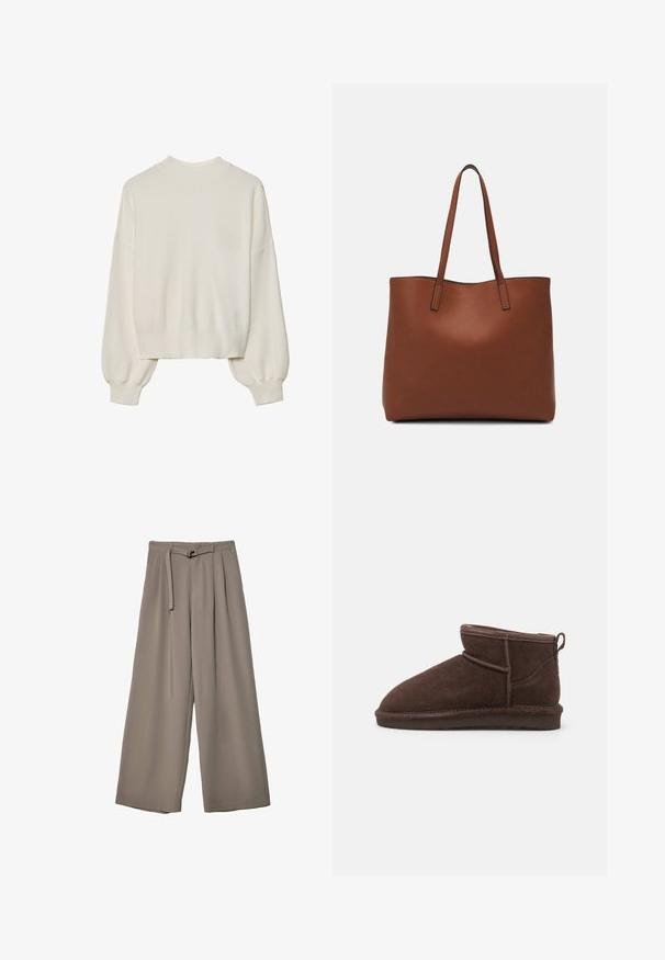 Vit stickad tröja med hög hals, ribbat mönster och ballongärmar. Korta längden med åtsittande ärmslut. Enkelt, enfärgat design.; Breda byxor i ett mjukt, dämpat grått tyg, med belagd midja och veck för extra designdetaljer. Slät textur, inga mönster.; Bianco BIASNOW - Ankelboots - dark brown; Brun läder tote-väska med en slät textur, öppen toppdesign och två axelremmar. Har minimal söm och ingen synlig metalldetalj.