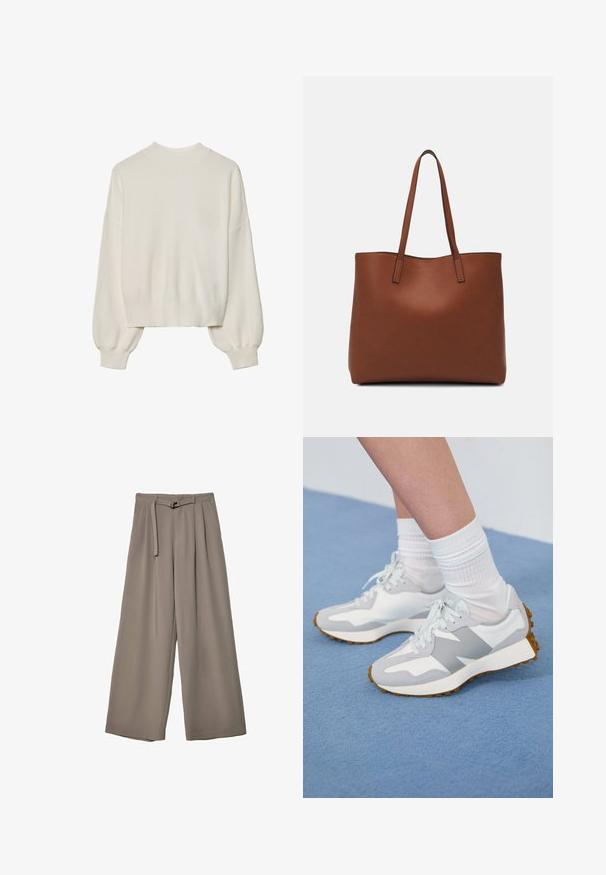Bela pletena sv sweater s visokim ovratnikom, rebrastom teksturom i balon rukavima. Skraćena dužina sa uskim manžetama. Jednostavan, jednobojan dizajn.; Široke hlače iz mehke, umirjene sive tkanine, z pasom, ki ga je mogoče zavezati, in z gubami za dodatne oblikovne podrobnosti. Gladka tekstura, brez vzorcev.; Svetlo sivi atletski čevlji z belimi detajli, teksturirana tkanina in gumijasti podplati, obute z belimi rebrastimi nogavicami na modri površini.; Rjava usnjena torba z gladko teksturo, odprto zasnovo zgoraj in dvema naramnima trakovoma. Opremljena je z minimalnim šivanjem in brez vidnih kovinskih delov.