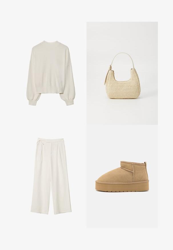 Bílý pletený svetr s vysokým límcem, žebrovanou strukturou a balónovými rukávy. Krátká délka s přiléhavými manžetami. Jednoduchý, jednobarevný design.; Kalhoty širokého střihu v off-white látce s hladkým povrchem. Mají zavázaný pas a na přední straně jsou plisé, navrženy pro pohodlné nošení.; Béžové semišové kotníkové boty s kulatou špičkou, minimalistickým šitím a světle hnědou gumovou podrážkou s texturovaným vzorem.; Tkaná slámová kabelka v béžové barvě s zakřiveným tvarem, krátkým držadlem a bočním zipem. Vyznačuje se texturovaným povrchem a minimalistickým designem.