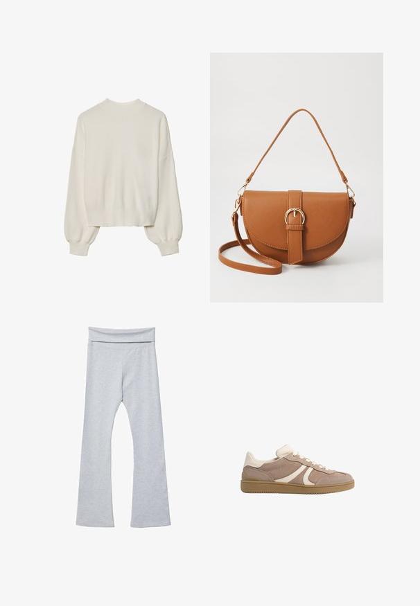 Biały sweter dzianinowy z wysokim kołnierzem, ribbową teksturą i bufiastymi rękawami. Skrócona długość z dopasowanymi mankietami. Prosty, jednolity kolor.; Szare, rozszerzane legginsy z szerokim, miękkim paskiem w talii, wykonane z gładkiego, elastycznego materiału. Charakteryzują się dopasowanym krojem i długością do kostek.; Trampki z beżową zamszową cholewką i kremowymi akcentami, zaokrąglonym czubkiem, sznurowanym zapięciem oraz teksturowaną gumową podeszwą dla lepszej trakcji.; Brązowa skórzana torba na ramię o zaokrąglonym kształcie, ze złotymi akcentami i zapięciem w formie klamry. Posiada odpinany pasek na ramię.