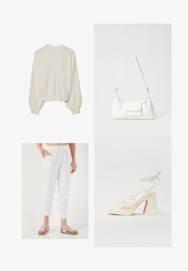 Bijela pletena džemper s visokim ovratnikom, rebrastom teksturom i balon rukavima. Kratak kroj s strukiranim manžetama. Jednostavan, jednobojni dizajn.; Bijele skratene hlače od teksturirane tkanine, s elastičnom trakicom u struku i vezicom. Uparene s ukrašenim sandalama koje imaju pluteni potplat.; Bijela sandala na visokoj potpetici s debelim petom, s remenom i vezanjem oko gležnja. Glatka tekstura s platformom sprijeda za dodatnu visinu.; Bijela sintetička torbica s trokutastim oblikom, ravnim prednjim poklopcem i detaljem u obliku mašne, podesivom remenom, glatkom teksturom i minimalističkim dizajnom.