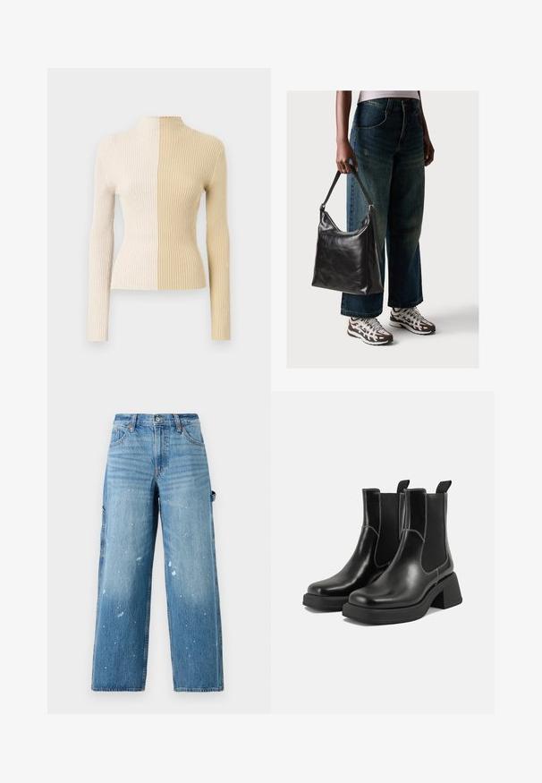 Sweater canelado de gola alta com mangas longas, apresentando um design em duas tonalidades em creme e bege, destacando texturas e cores contrastantes.; Calças cargo de denim azul claro com pernas largas, secções desbotadas e detalhes de respingos de tinta. Apresenta bolsos laterais e uma fecho de botão.; Botas Chelsea em couro preto com um salto grosso, painéis laterais elásticos e costura branca em contraste. Acabamento texturizado.; Bolsa de ombro em couro preto com textura suave e alça ajustável, combinada com jeans de perna larga desbotados e ténis desportivos.