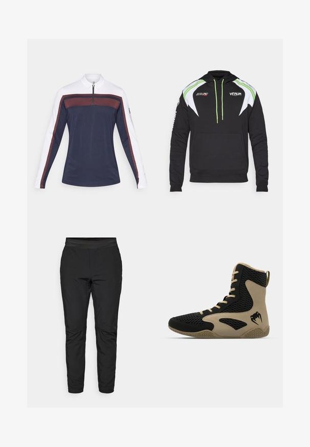 Mustapaita, jossa on valkoisia ja limevihreitä yksityiskohtia. Takissa on etutasku, nyörit ja logot rinnassa ja hihassa. Pehmeä kangas.; Pitkähiha polo paita tummansinisellä pohjalla ja valkoisilla hihoilla, jossa on vetoketjulla suljettava kaulus ja viininpunaisia korostusviivoja rinnassa ja hihoissa.; Mustat stretch-housut, joissa on istuva muotoilu, joustava vyötärö ja vetskareilla varustetut taskut. Sileä pinta, jolla on hieman kiiltävä viimeistely.; Korkean varren urheilukengät, joissa on musta verkkopinta beigeillä yksityiskohdilla. Hieman teksturoitu kumipohja ja logokuvaus sivussa.
