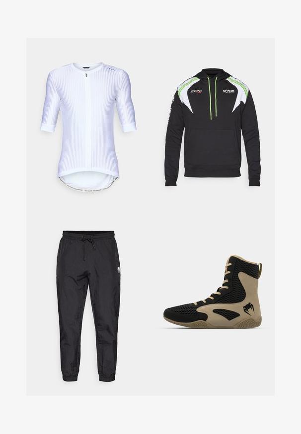 Zwarte hoodie met witte en limoen groene accenten, voorzien van een voorzak, trekkoorden en logo's op de borst en mouw. Zacht materiaal.; Witte fietsjersey met verticale strepen, korte mouwen, rits aan de voorkant, afgeronde zoom en een contrasterende tekstband aan de onderkant.; Zwarte, lichte joggers met een elastische tailleband en een trekkoord, taps toelopende pijpen en een subtiele textuurafwerking.; Hoge sportieve schoen met een zwart gaasexterieur en beige accenten. Gestructureerde rubberen zool en logo-detail aan de zijkant.
