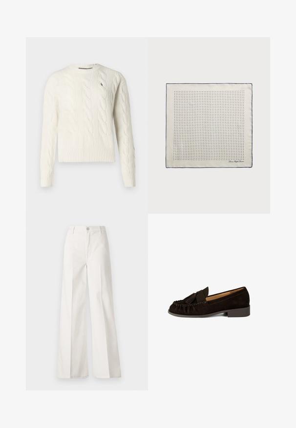 Krämfärgad kabelstickad tröja med långa ärmar och rund halsringning, som har en liten broderad logotyp på vänster bröst.; Vita vida-byxor gjorda av bomull med en slät textur. Har en framknapp, gylf med dragkedja och fyra fickor.; Bruna mockaläder loafers med rund tå, plisserade detaljer och en liten tofsdetalj. Har en låg, något staplad klack.; Sidenhalsduk i krämfärg med marinblå kant, prydd med jämnt fördelade marinblå prickar som bildar ett mönster. Signatur tryckt i hörnet.