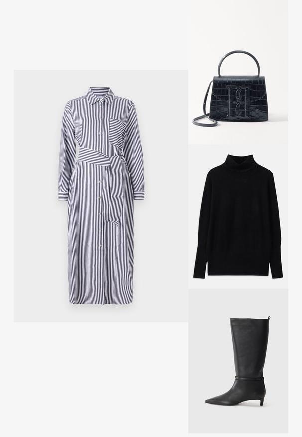 Fekete garbó pulóver puha anyagból, bordás részletekkel a gallérnál és az ujjak végén, laza fazonnal és oldalsó sliccekkel.; Csíkos ingruha, gallérral, hosszú ujjakkal, elöl gombokkal, derékövvel és egy mellzsebbel. Színei tengerészkék és fehér.; Fekete bőr, térd fölé érő csizma, hegyes orral, kör alakú pánttal a bokán és alacsony, keskeny sarkú. Simára csiszolt textúra.; Fekete krokodilbőr hatású kézitáska, amelynek strukturált kialakítása van, felső fogantyúval, állítható pánttal és egy kiemelkedő elülső logó részlettel.