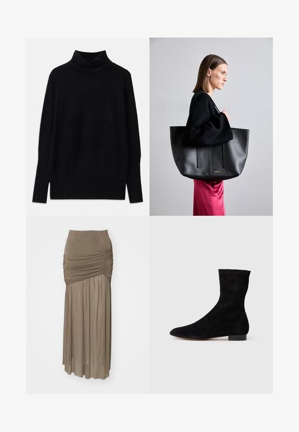 Musta poolapuanne, valmistettu pehmeästä kankaasta, jossa on ribbiä kauluksessa ja hihansuissa. Vapaa istuvuus ja sivureiät.; Gestuz MESSI LONG SKIRT - Maksihame - stone gray; Mustang-mustaviinan nilkkuri, jossa on tiukka varsi, terävä kärki ja matala lohkoiltu korko. Sileä pinta ja minimalistinen muotoilu, sopii monenlaiseen tyyliin.; Musta nahkainen laukku tekstuuripinnalla, jossa on kaksi pystysuoraa viivaa, kaksinkertaiset olkahihnat ja minimalistinen muotoilu.