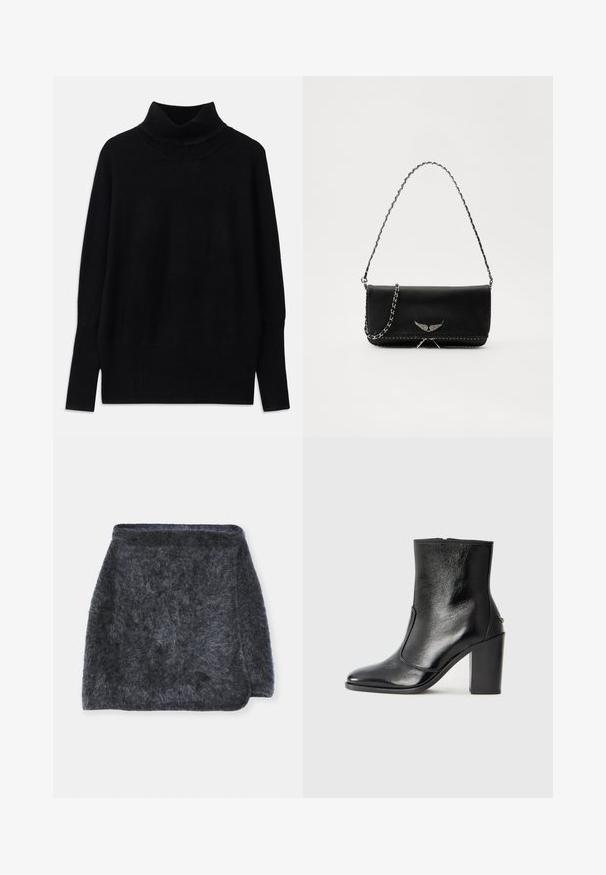 Melnas turtlenecka formas džemperis, izgatavots no mīksta auduma, ar ribotām akcentiem apkaklē un piedurkņu galos, ar brīvu piegriezumu un sānu spraugām.; Mīksts tumši pelēks svārks ar patīkamu tekstūru, nedaudz izplūdušā dizainā un izliekto apakšmalu. Audums izskatās silts un mājīgs.; Melnas ādas potīšu zābaki ar gludu tekstūru, smailu purngalu un masīlu augstu papēdi. Iekļauts sānu atvērums un minimālistisks dizains.; Melnas ādas rokassomā ar sudraba ķēdes siksnu, kurai ir dekoratīvi spārnu akcenti un baltā šuvēšana apakšējā šuvē.
