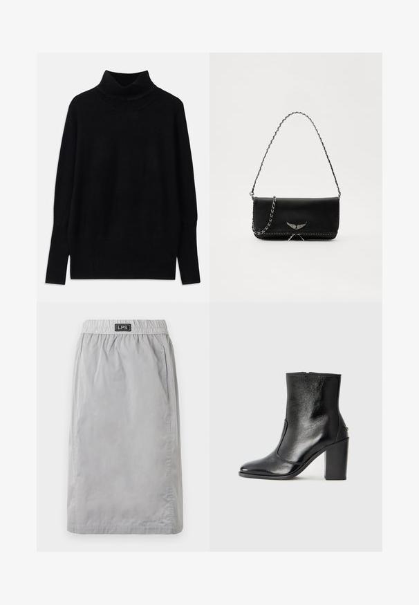 Suéter negro de cuello alto fabricado en una suave tela, con acentos acanalados en el collar y los puños, un corte holgado y aberturas laterales.; Falda gris, hasta la rodilla, fabricada con un material liviano, con una cintura elástica y bolsillos laterales. Etiqueta de la marca "LPS" en la cintura.; Botín negro de cuero con textura suave, puntera puntiaguda y un tacón alto y robusto. Presenta una apertura lateral y un diseño minimalista.; Bolso de mano de cuero negro con una correa de cadena plateada, que presenta acentos decorativos en forma de alas y costuras blancas a lo largo de la costura inferior.