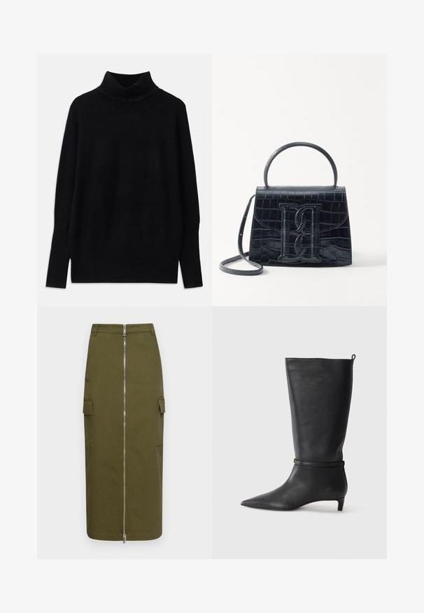 Schwarzer Rollkragenpullover aus weichem Stoff, mit gerippten Akzenten am Kragen und an den Bündchen, in lockerer Passform und mit seitlichen Schlitzen.; Olivenfarbener Cargo-Rock aus Baumwollmischung, mit einem zentralen Reißverschluss und zwei seitlichen Taschen für zusätzlichen Nutzen.; Schwarze Lederkniehohe Stiefel mit spitzem Zehen, akzentuiert durch einen runden Riemen um das Knöchel und einen niedrigen, tapernden Absatz. Glatte Textur.; Schwarze Handtasche aus Krokodilprägung mit strukturiertem Design, Oberhandgriff, verstellbarem Tragegurt und einem auffälligen Logo-Detail auf der Vorderseite.