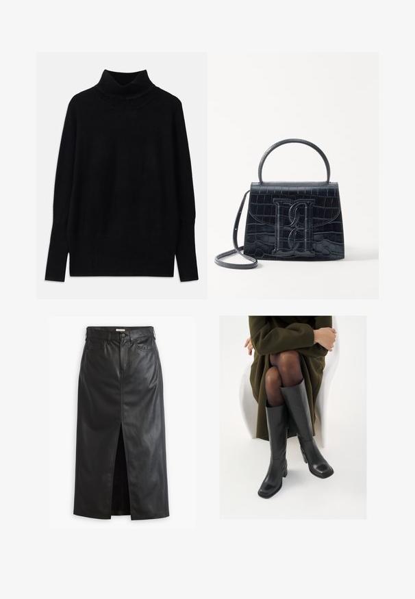 Svart polotröja i mjukt tyg, med ribbade detaljer vid kragen och ärmarna, i en avslappnad passform och med sidofickor.; Svart läderkjol med slits framtill, hög midja och klassisk denimstil. Har fickor och sömdetaljer för extra textur.; Knähöga svarta läderstövlar med fyrkantig tå och klack i blockmodell, visade med en modell sittande i en olivgrön kappa. Slät textur, minimal detaljering.; Svart läderhandväska med krokodilprägling, strukturerad design, topphandtag, justerbar rem och en framträdande logotypdetalj på framsidan.