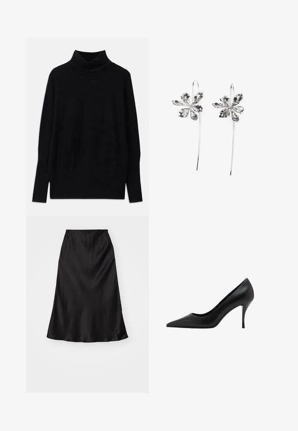 Schwarzer Rollkragenpullover aus weichem Stoff, mit gerippten Akzenten am Kragen und an den Bündchen, in lockerer Passform und mit seitlichen Schlitzen.; Schwarzer Satin-Rock im Slip-Stil mit glatter Textur, ausgestellter Form und elastischem Bund. Minimalistisches Design, keine zusätzlichen Muster oder Akzente.; Schwarzer Lederhighheel mit spitzem Zehenbereich, glatter Textur und schlankem Stiletto-Absatz, der ein minimalistisches Design aufweist.; Silberne blumenförmige Ohrringe mit strukturiertem Finish, die lange Haken und blütenblattartige Details für ein filigranes Design aufweisen.
