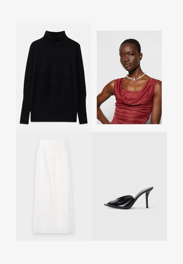 Črni turtleneck pulover iz mehke tkanine, z rebrastimi detajli ob ovratniku in manšetah, sproščenim krojem in stranskimi razporki.; Bela maksi krila z elastičnim pasom, subtilno cvetno vezenje in sproščenim oblikovanjem. Narejena iz lahkotnega materiala.; Črne usnjene mule s visokimi petami, odprto nosilo, bodičast dizajn, gladka tekstura in ozka stiletnica.; Keldo z vratimi, globoko rdeča obleka z gladko teksturo. Ima biserni ovratnik z dekorativnim srebrnim poudarkom na sredini.