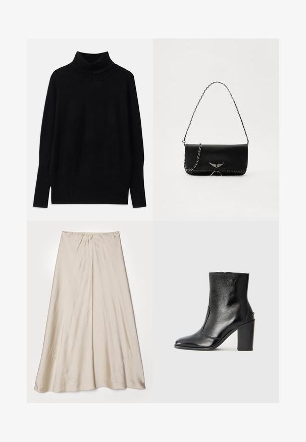 Pull à col roulé noir en tissu doux, avec des accents côtelés au niveau du col et des poignets, coupe décontractée et fentes sur les côtés.; Jupe en satin beige avec une silhouette évasée. Présente une taille froncée et un éclat subtil, avec des coutures angulaires et une drapé fluide.; Bottine en cuir noir, avec une texture lisse, un bout pointu et un talon chunky haut. Présente une ouverture sur le côté et un design minimaliste.; Sac à main en cuir noir avec une bandoulière en chaîne argentée, présentant des accents décoratifs en forme d'ailes et des coutures blanches le long de la couture inférieure.