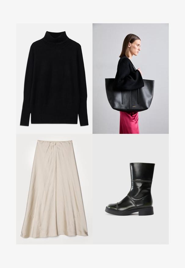 Czarny sweter z golfem wykonany z miękkiego materiału, z prążkowanymi akcentami przy kołnierzu i mankietach, w luźnym fasonie i z bocznymi rozcięciami.; Beżowa, satynowa spódnica o rozkloszowanym kroju. Posiada marszczony pas i subtelny połysk, z ukośnymi szwami i swobodnym układem.; Czarne skórzane botki za kostkę z okrągłym noskiem, gładkim wykończeniem, kontrastowym szwem i słupkowym obcasem, o lekko zwężającej się sylwetce.; Czarna skórzana torba tote o teksturowanym wykończeniu, z dwoma pionowymi liniami, podwójnymi paskami na ramię i minimalistycznym designem.