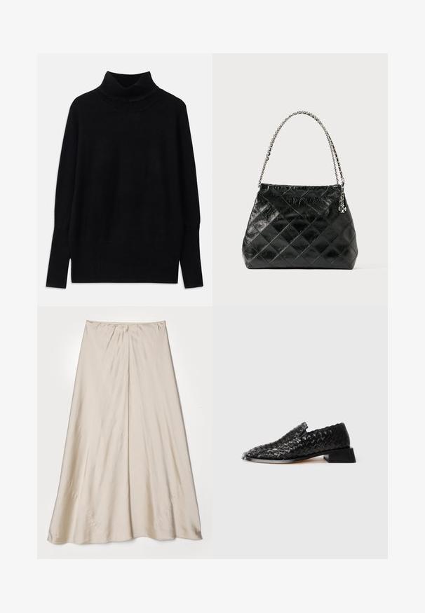 Black turtleneck sweater made of soft fabric, featuring ribbed accents at the collar and cuffs, with a relaxed fit and side slits.; Beige, satin skirt with a flared silhouette. Features a gathered waistband and a subtle sheen, with angled seams and a flowy drape.; Black leather woven slip-on shoe with low block heel and scalloped edge detail, displayed on a white background.; Black quilted leather handbag with a silver chain handle, featuring a structured design and smooth texture.
