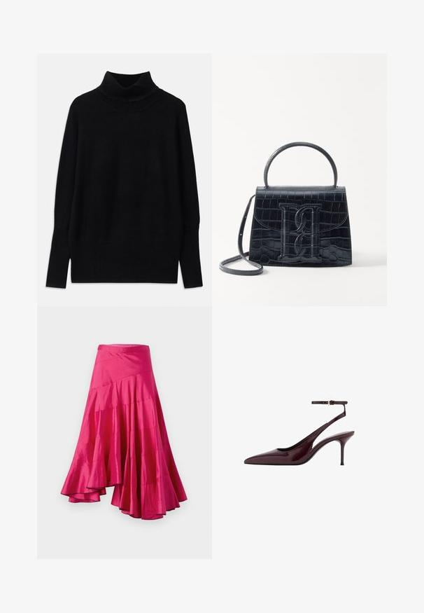 Čierny rolák vyrobený z mäkkej tkaniny, s rebrovanými akcentmi na golieri a manžetách, s voľným strihom a bočnými rozparky.; Magentová saténová sukňa s rozšíreným lemom, ktorá obsahuje vrstvené panely a asymetrický dizajn. Hladká textúra a sukňa strednej dĺžky.; Burgundské lakované lodičky so špicatou špičkou, s tenkým remienkom okolo členku a stredne vysokým ihlovým podpätkom na bielom pozadí.; Čierna kabelka z krokodílovej embosovanej kože so štruktúrovaným dizajnom, horným uchom, nastaviteľným popruhom a výrazným predným logom.