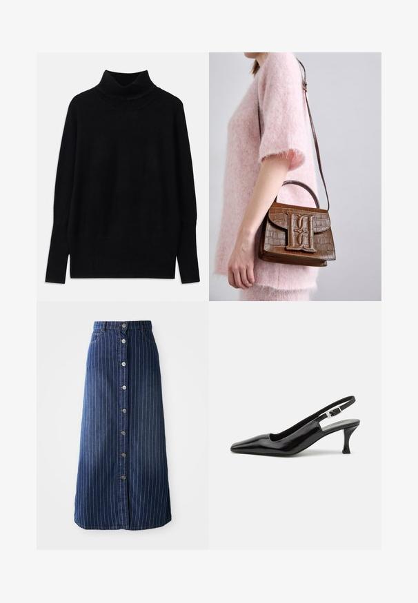 Juodas golfo megztinis, pagamintas iš minkštos medžiagos, su raštuotomis detalėmis apykaklėje ir rankogaliuose, laisvai prigludęs ir su šoninėmis įpjovomis.; Tamsiai mėlynas maksi sijonas su vertikaliomis baltomis juostelėmis, priekinis mygtukų užsegimas ir šiek tiek platėjantis apdaila. Turtinga penkių mygtukų ir kontrastingos siuvimo detalės.; Juodos lakuotos slingback aukštakulniai bateliai su smailiu nosiu ir sidabriniu užsegimu ant kulno, pasižymintys sklandžiu, blizgiu paviršiumi.; Rudas krokodilo raštas rankinė su viršutine rankena ir pečių diržu. Išsiskiria ryškiu logotipu priekyje. Minkšta tekstūra.