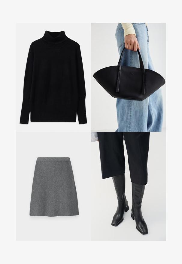 Black turtleneck sweater made of soft fabric, featuring ribbed accents at the collar and cuffs, with a relaxed fit and side slits.; Gray wool skirt with a fitted waistband, A-line shape, and smooth texture. No pockets or visible hardware details.; Black leather knee-high boots with a square toe and a block heel. Features a side zipper and smooth texture.; Black leather handbag with a unique fan shape, featuring flat handles. The surface has a pebbled texture and a minimalistic design.