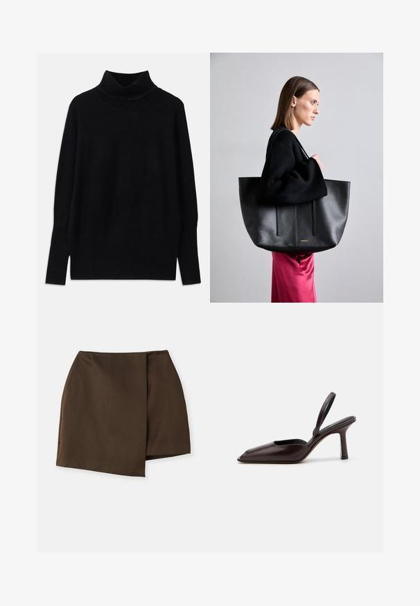 Schwarzer Rollkragenpullover aus weichem Stoff, mit gerippten Akzenten am Kragen und an den Bündchen, in lockerer Passform und mit seitlichen Schlitzen.; By Malene Birger RAYE - A-Linien-Rock - dark mahogany; Braune patentierte Leder-Slingback-Pumps mit spitzem Zehenbereich und schlankem, hohen Absatz. Bietet ein elegantes Design und eine glatte Oberflächenstruktur.; Schwarze Leder-Tote mit strukturiertem Finish, ausgestattet mit zwei vertikalen Linien, doppelten Schulterriemen und einem minimalistischen Design.