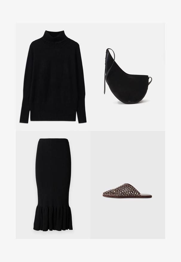 Black turtleneck sweater made of soft fabric, featuring ribbed accents at the collar and cuffs, with a relaxed fit and side slits.; Black ribbed pencil skirt with a flared ruffle hem. The fabric is stretchy, fitted through the hips, and features a smooth waistband.; Brown woven slide sandal with a rounded toe, open design, flat sole, and textured surface. Lightweight material and minimalist silhouette.; Black leather handbag with a curved moon shape, featuring a slim strap and subtle gold branding on the front. Smooth texture with minimal hardware.