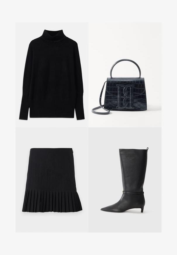 Černý rolák vyrobený z měkké látky, s ribkovanými detaily na límci a manžetách, uvolněný střih a postranní rozparky.; Černá plisovaná sukně s diagonálně šitými panely, přiléhavým pasem a rozšířeným lemem. Materiály vypadají lehce a hladce.; Černé kožené kozačky ke kolenům s špičatou špičkou, zdobené kulatým páskem kolem kotníku a nízkým, zužujícím se podpatkem. Hladký povrch.; Černá kabelka z krokodýlí kůže s embosovaným vzorem, strukturovaným designem, horním uchycením, nastavitelným popruhem a výrazným logem na přední straně.